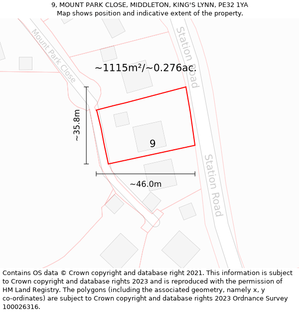 9, MOUNT PARK CLOSE, MIDDLETON, KING'S LYNN, PE32 1YA: Plot and title map