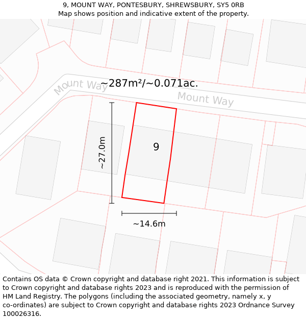 9, MOUNT WAY, PONTESBURY, SHREWSBURY, SY5 0RB: Plot and title map