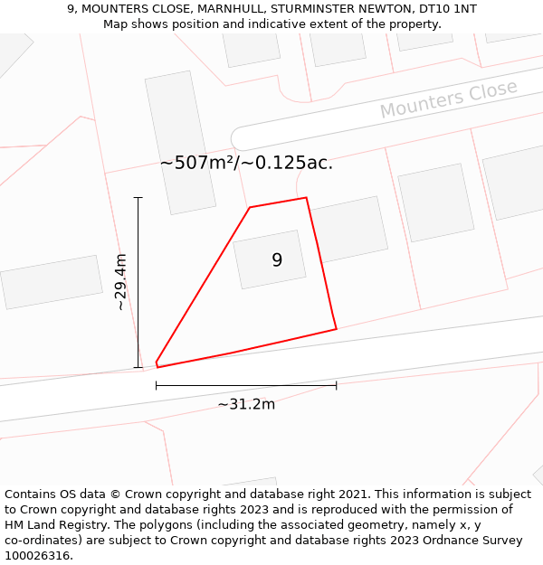 9, MOUNTERS CLOSE, MARNHULL, STURMINSTER NEWTON, DT10 1NT: Plot and title map