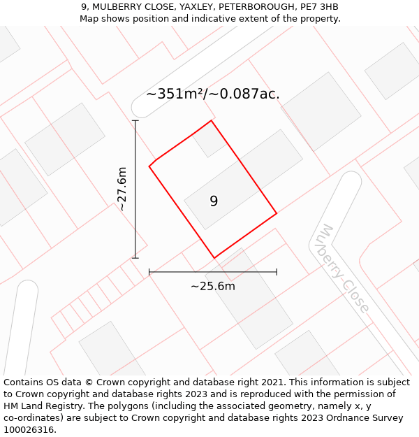 9, MULBERRY CLOSE, YAXLEY, PETERBOROUGH, PE7 3HB: Plot and title map