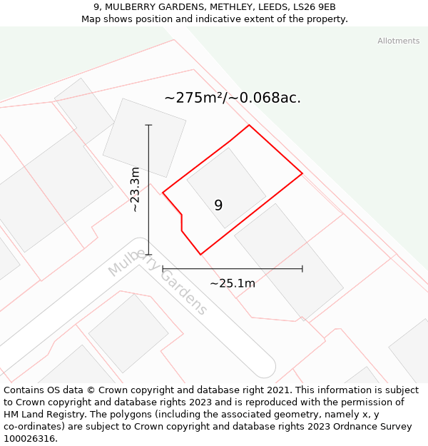 9, MULBERRY GARDENS, METHLEY, LEEDS, LS26 9EB: Plot and title map