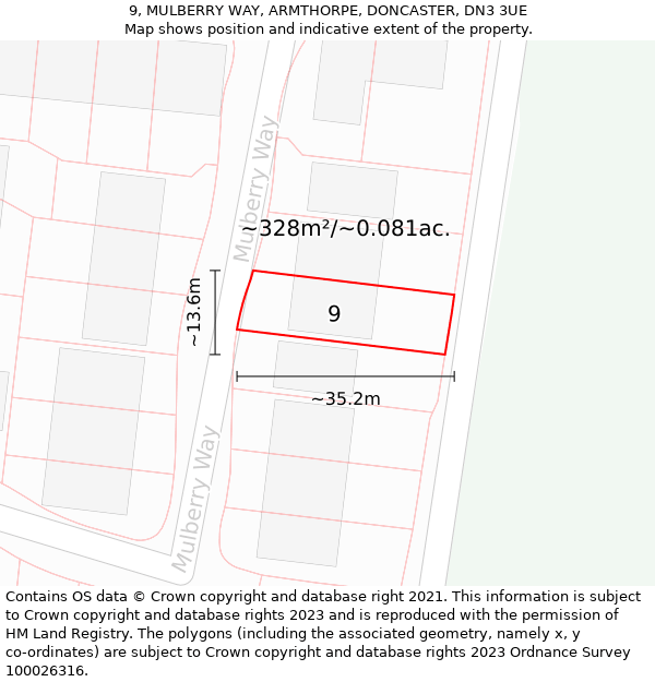 9, MULBERRY WAY, ARMTHORPE, DONCASTER, DN3 3UE: Plot and title map