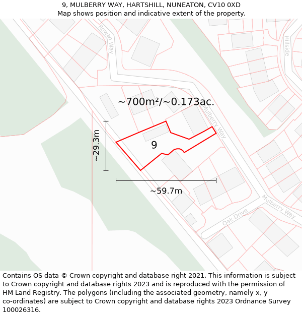 9, MULBERRY WAY, HARTSHILL, NUNEATON, CV10 0XD: Plot and title map