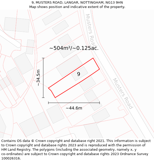 9, MUSTERS ROAD, LANGAR, NOTTINGHAM, NG13 9HN: Plot and title map