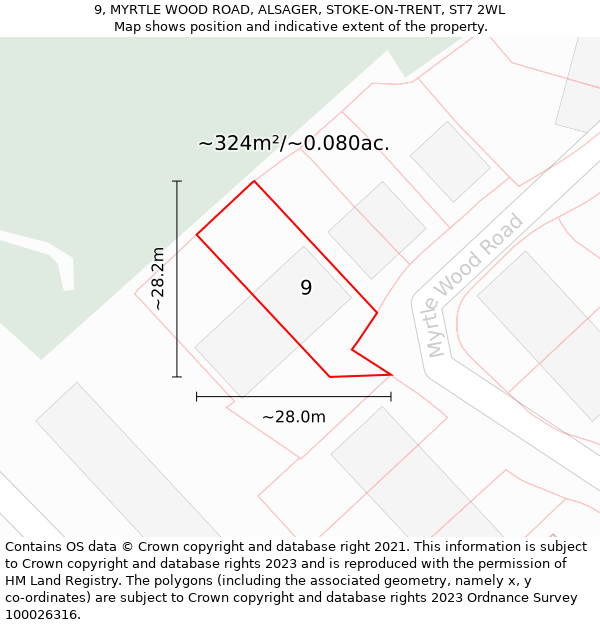 9, MYRTLE WOOD ROAD, ALSAGER, STOKE-ON-TRENT, ST7 2WL: Plot and title map