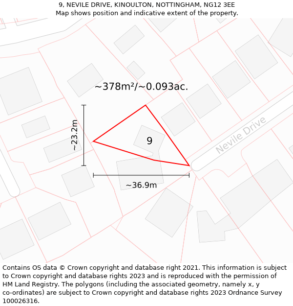 9, NEVILE DRIVE, KINOULTON, NOTTINGHAM, NG12 3EE: Plot and title map