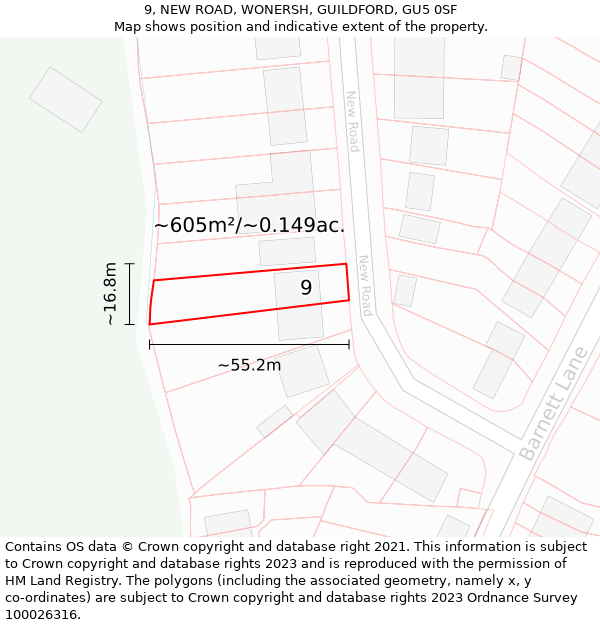 9, NEW ROAD, WONERSH, GUILDFORD, GU5 0SF: Plot and title map