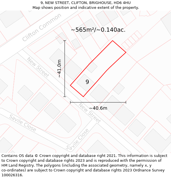 9, NEW STREET, CLIFTON, BRIGHOUSE, HD6 4HU: Plot and title map