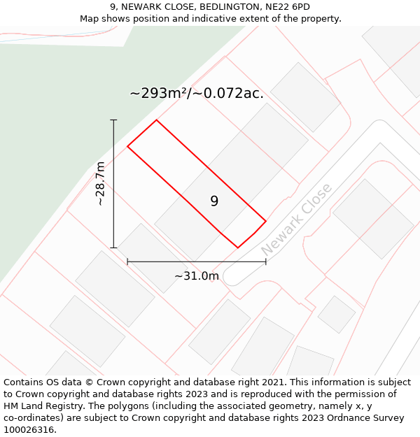 9, NEWARK CLOSE, BEDLINGTON, NE22 6PD: Plot and title map