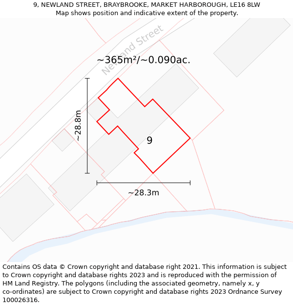 9, NEWLAND STREET, BRAYBROOKE, MARKET HARBOROUGH, LE16 8LW: Plot and title map