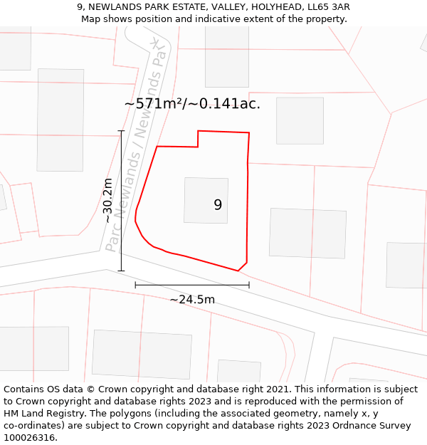 9, NEWLANDS PARK ESTATE, VALLEY, HOLYHEAD, LL65 3AR: Plot and title map