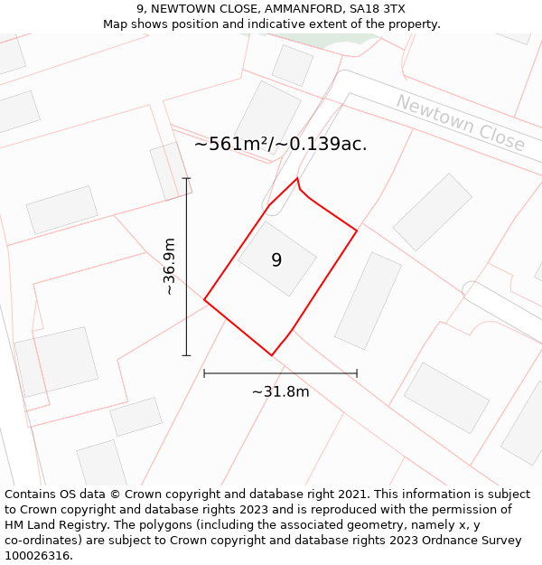 9, NEWTOWN CLOSE, AMMANFORD, SA18 3TX: Plot and title map