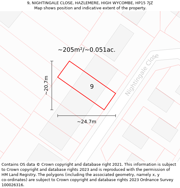 9, NIGHTINGALE CLOSE, HAZLEMERE, HIGH WYCOMBE, HP15 7JZ: Plot and title map