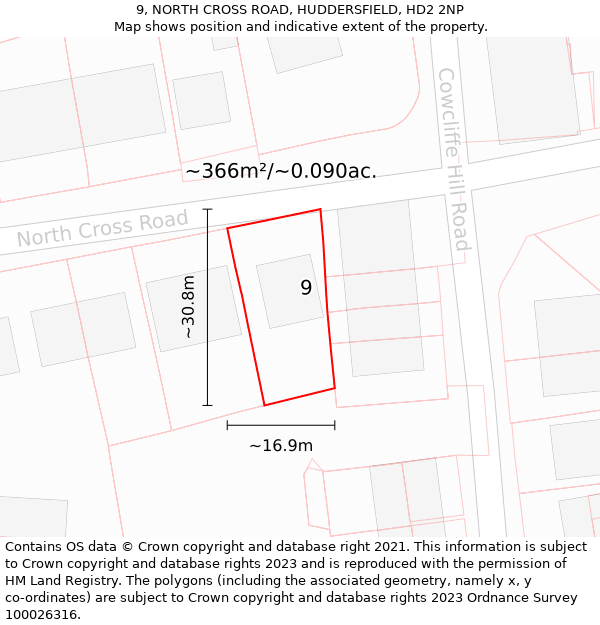 9, NORTH CROSS ROAD, HUDDERSFIELD, HD2 2NP: Plot and title map