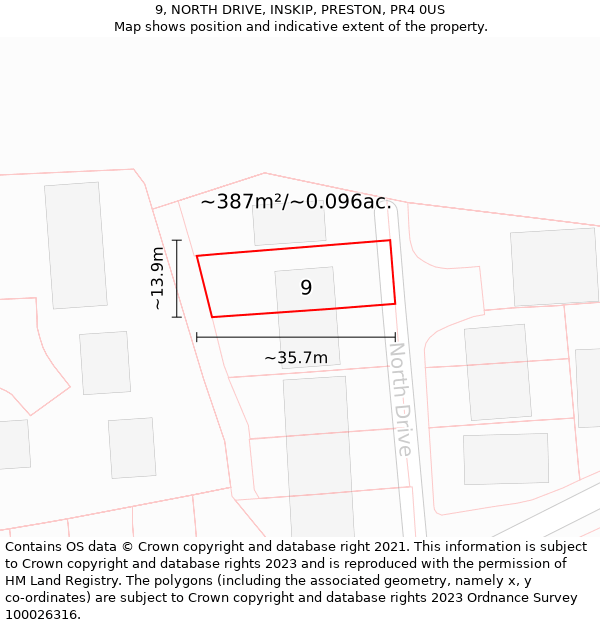 9, NORTH DRIVE, INSKIP, PRESTON, PR4 0US: Plot and title map