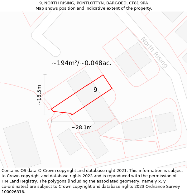 9, NORTH RISING, PONTLOTTYN, BARGOED, CF81 9PA: Plot and title map