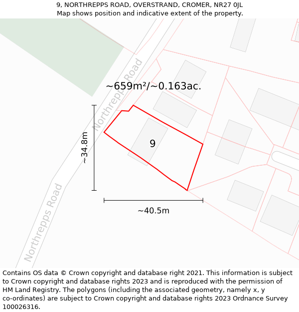 9, NORTHREPPS ROAD, OVERSTRAND, CROMER, NR27 0JL: Plot and title map