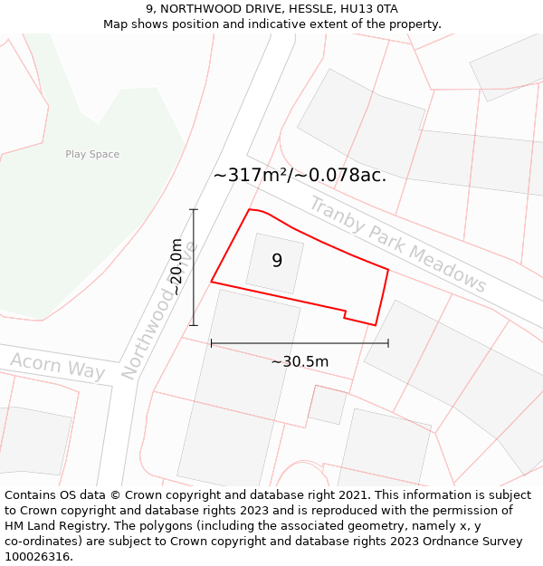 9, NORTHWOOD DRIVE, HESSLE, HU13 0TA: Plot and title map