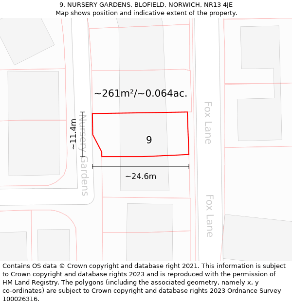 9, NURSERY GARDENS, BLOFIELD, NORWICH, NR13 4JE: Plot and title map