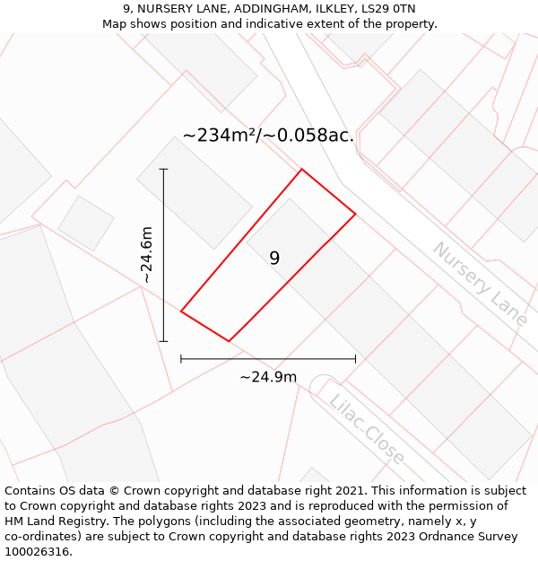 9, NURSERY LANE, ADDINGHAM, ILKLEY, LS29 0TN: Plot and title map