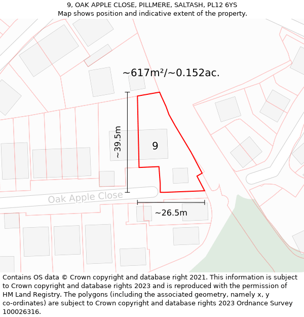 9, OAK APPLE CLOSE, PILLMERE, SALTASH, PL12 6YS: Plot and title map