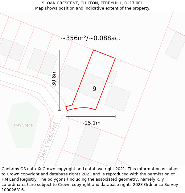 9, OAK CRESCENT, CHILTON, FERRYHILL, DL17 0EL: Plot and title map