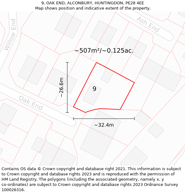 9, OAK END, ALCONBURY, HUNTINGDON, PE28 4EE: Plot and title map