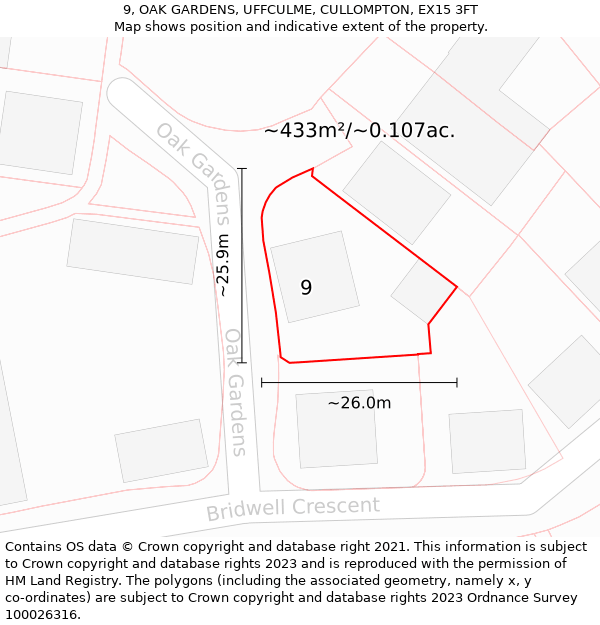 9, OAK GARDENS, UFFCULME, CULLOMPTON, EX15 3FT: Plot and title map