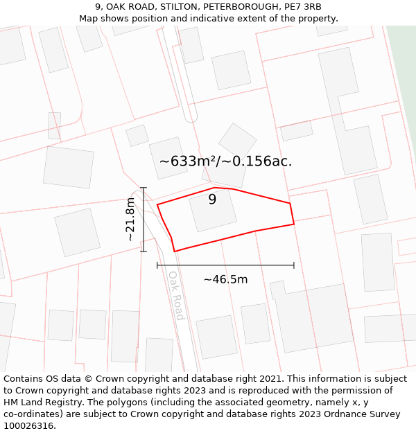 9, OAK ROAD, STILTON, PETERBOROUGH, PE7 3RB: Plot and title map