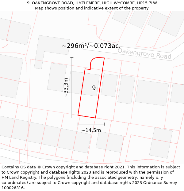 9, OAKENGROVE ROAD, HAZLEMERE, HIGH WYCOMBE, HP15 7LW: Plot and title map