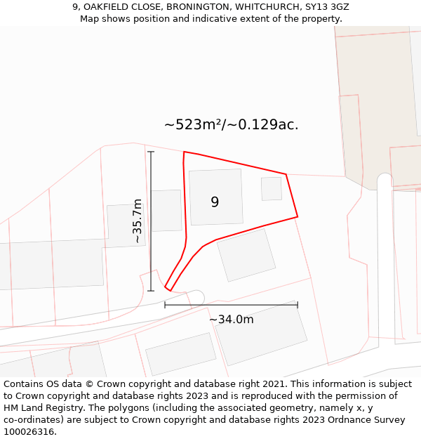 9, OAKFIELD CLOSE, BRONINGTON, WHITCHURCH, SY13 3GZ: Plot and title map