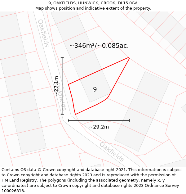 9, OAKFIELDS, HUNWICK, CROOK, DL15 0GA: Plot and title map