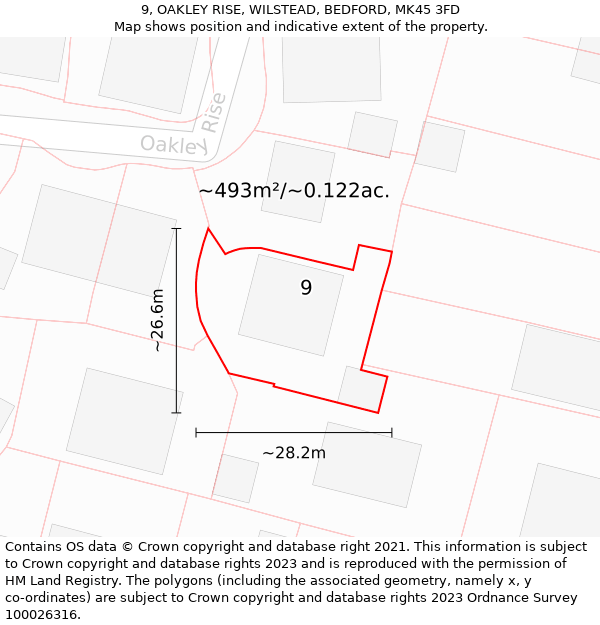 9, OAKLEY RISE, WILSTEAD, BEDFORD, MK45 3FD: Plot and title map