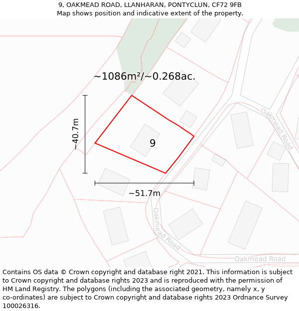 9, OAKMEAD ROAD, LLANHARAN, PONTYCLUN, CF72 9FB: Plot and title map