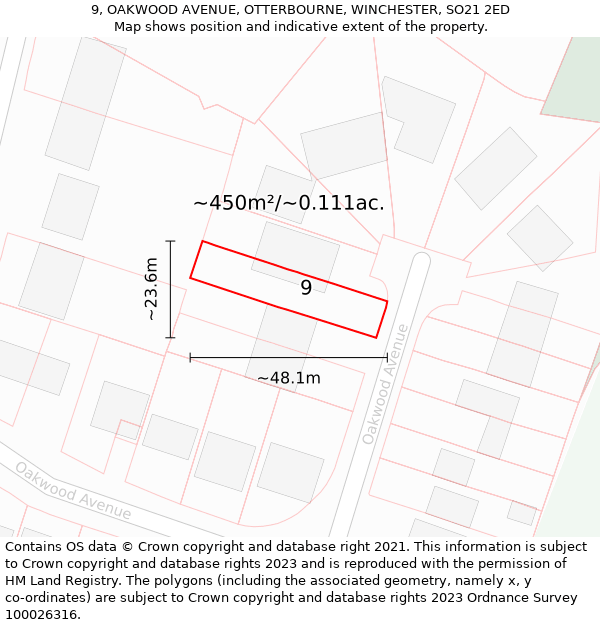 9, OAKWOOD AVENUE, OTTERBOURNE, WINCHESTER, SO21 2ED: Plot and title map