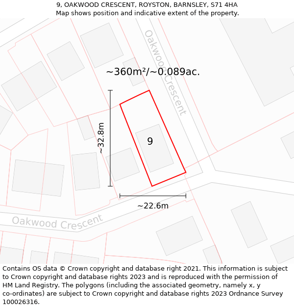 9, OAKWOOD CRESCENT, ROYSTON, BARNSLEY, S71 4HA: Plot and title map