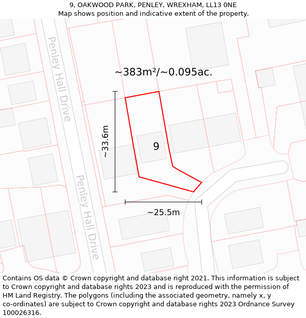 9, OAKWOOD PARK, PENLEY, WREXHAM, LL13 0NE: Plot and title map