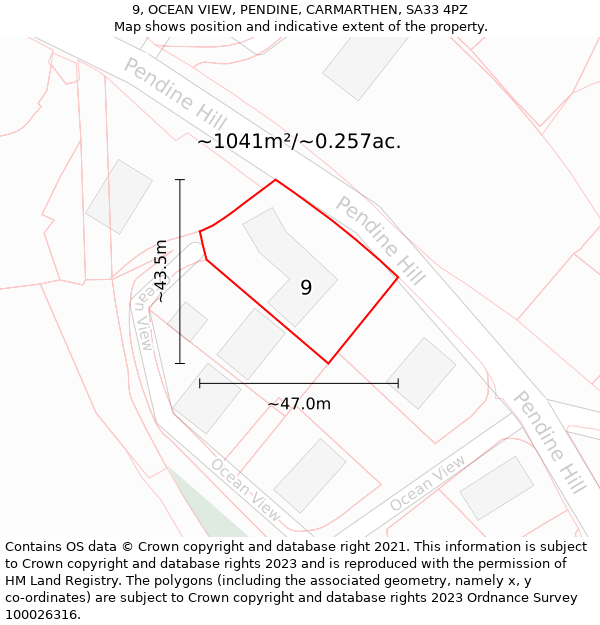 9, OCEAN VIEW, PENDINE, CARMARTHEN, SA33 4PZ: Plot and title map