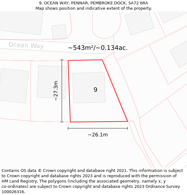 9, OCEAN WAY, PENNAR, PEMBROKE DOCK, SA72 6RA: Plot and title map