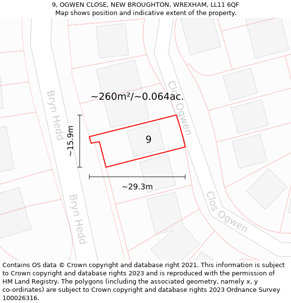 9, OGWEN CLOSE, NEW BROUGHTON, WREXHAM, LL11 6QF: Plot and title map