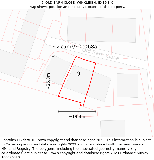 9, OLD BARN CLOSE, WINKLEIGH, EX19 8JX: Plot and title map