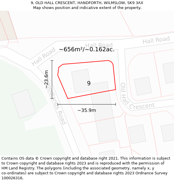 9, OLD HALL CRESCENT, HANDFORTH, WILMSLOW, SK9 3AX: Plot and title map