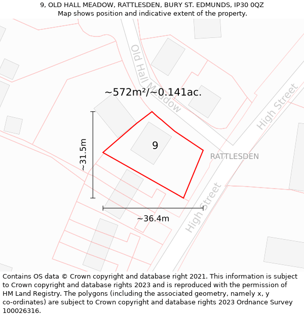 9, OLD HALL MEADOW, RATTLESDEN, BURY ST. EDMUNDS, IP30 0QZ: Plot and title map