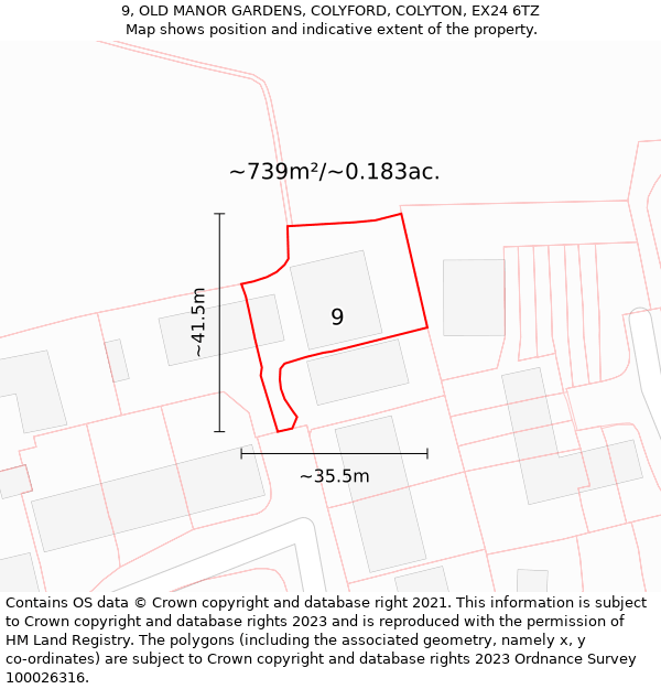 9, OLD MANOR GARDENS, COLYFORD, COLYTON, EX24 6TZ: Plot and title map