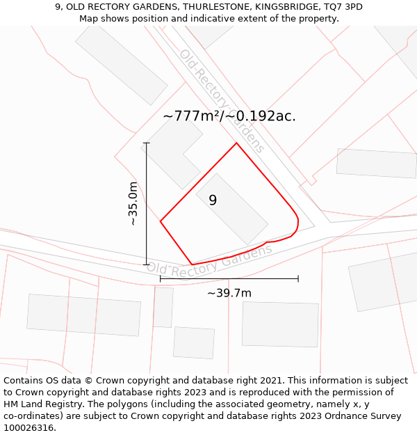 9, OLD RECTORY GARDENS, THURLESTONE, KINGSBRIDGE, TQ7 3PD: Plot and title map