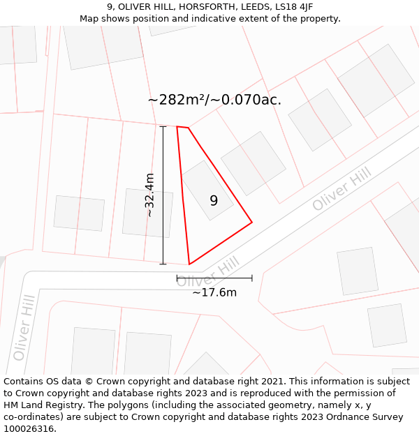 9, OLIVER HILL, HORSFORTH, LEEDS, LS18 4JF: Plot and title map