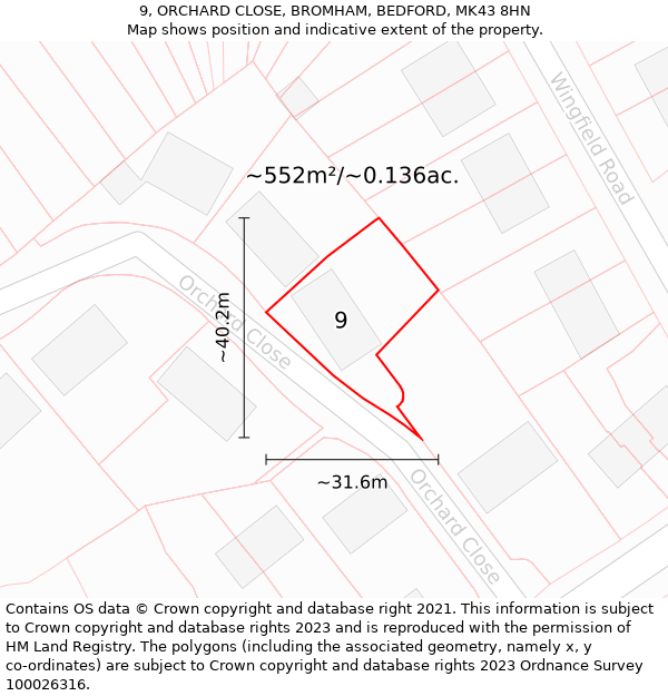 9, ORCHARD CLOSE, BROMHAM, BEDFORD, MK43 8HN: Plot and title map