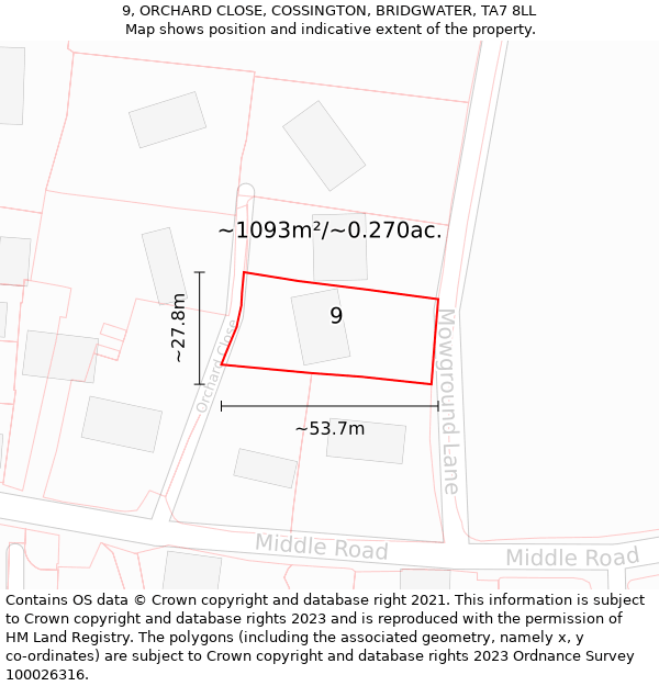 9, ORCHARD CLOSE, COSSINGTON, BRIDGWATER, TA7 8LL: Plot and title map