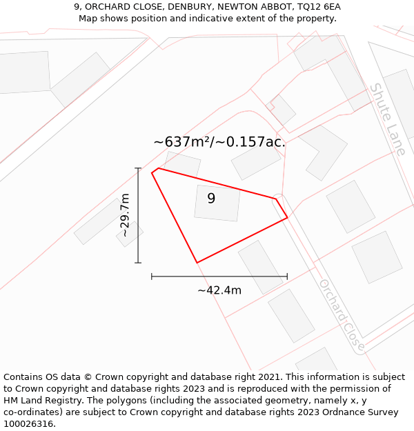 9, ORCHARD CLOSE, DENBURY, NEWTON ABBOT, TQ12 6EA: Plot and title map