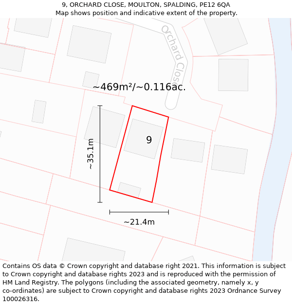 9, ORCHARD CLOSE, MOULTON, SPALDING, PE12 6QA: Plot and title map